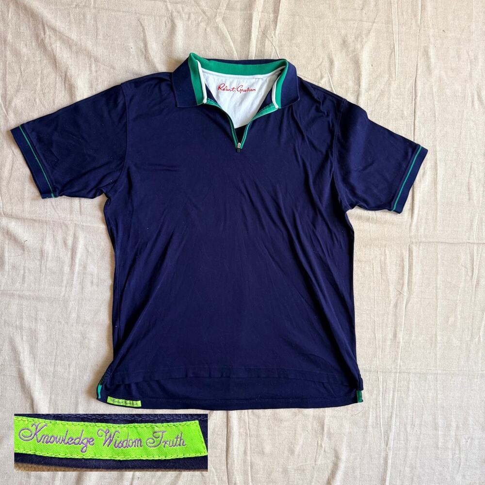 Robert Graham Shirt Men's XL Cotton Quarter Zip Polo Shirt Navy Green Cotton